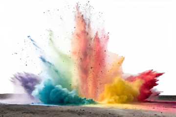 Rainbow dust powder explosion transparent PNG, isolated background. Dynamic multicolor burst with vibrant pigments in the air. Perfect for LGBT themes, Holi festival, party flyers, celebration decor, 