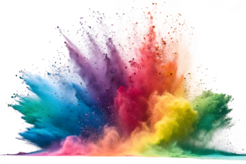 Rainbow dust powder explosion transparent PNG, isolated background. Dynamic multicolor burst with vibrant pigments in the air. Perfect for LGBT themes, Holi festival, party flyers, celebration decor, 