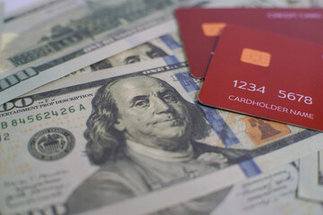 Credit card shopping money. American money with debit card. Washington American cash, usd background