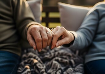 Fototapeta premium A close-up of an elderly couple's hands holding each other