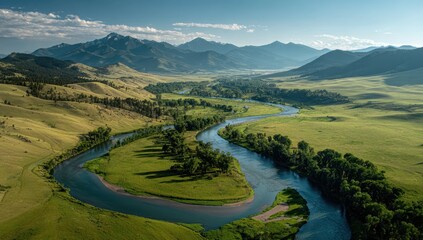 Serene river winding through a valley. Lush green fields, mountains, and a clear sky