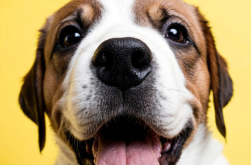 Funny puppy nose close-up. Isolated on yellow. Cute dog, extreme detail.