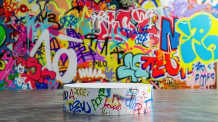 3D render of empty podium in front of vibrant graffiti wall, colorful showcase scene