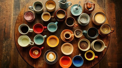 Many colorful coffee cups arranged on a wooden table