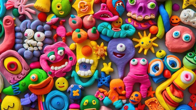 A mix of creative kids clay crafts, bright and imaginative plasticine art from above, isolated