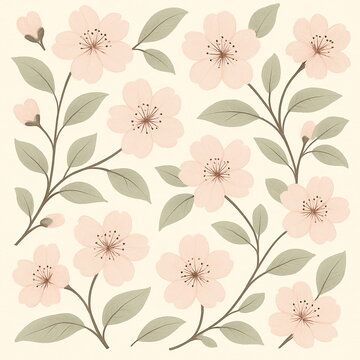Vintage cherry blossom pattern with pale pink flowers, olive green leaves, delicate thin brown branches on cream paper texture background, elegant ink and wash style seamless floral wallpaper design, 