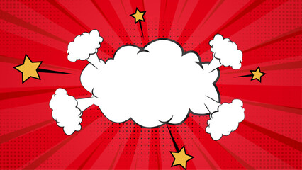 Red comic book style speech bubble with stars. Comic book illustrations, superhero themes, social media posts, kids party invitations, graphic design projects.