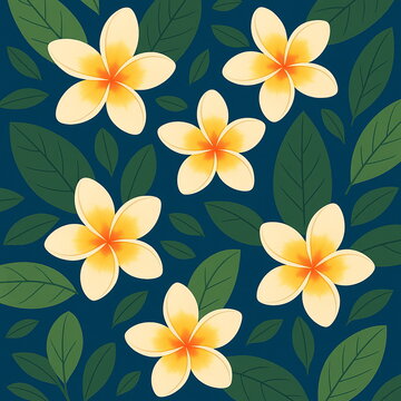 Flat seamless exotic floral design with plumeria frangipani flowers in yellow and white, green tropical leaves on deep teal background, ideal for fabric prints, wrapping paper, and surface decor