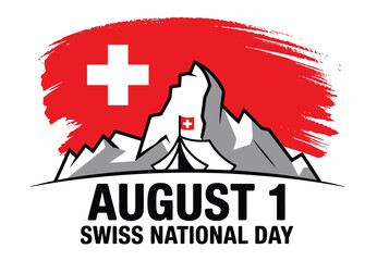 Swiss National Day poster with stylized mountain range, Swiss flag, red sky, and white cross emblem celebrating August 1 patriotism