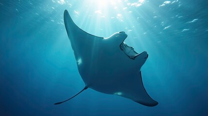 3d image of Majestic Manta Ray Swimming Towards Sunlit Ocean Surface
