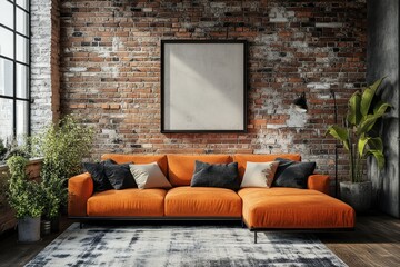 Naklejka premium Interior with an orange sofa in a modern living room with a blue mock-up wall, offering a vibrant and welcoming home design, Generative AI