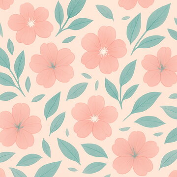 Seamless botanical pattern featuring delicate light coral flowers with teal leaves on a pale pink background, flat flower illustration in soft spring pastel style, perfect for wallpaper, fabric, wrapp