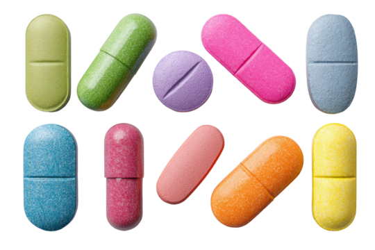 Colorful Assorted Pills and Capsules Seamless Pattern on Transparent Background