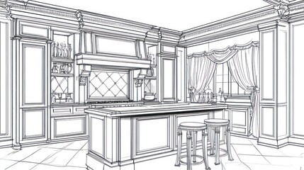 Architectural drawing of a grand, ornate kitchen design.