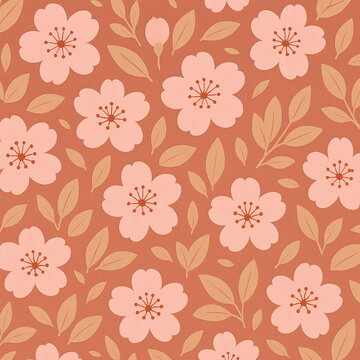 Cherry blossom pattern seamless design with light pink sakura flowers, soft beige leaves on rusty red background, minimalist Japanese floral art, spring nature theme, elegant flat botanical wallpaper