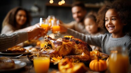 A family is gathered around a table with a large turkey