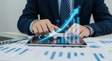 Ai generated image of a businessman points to a growth chart on a digital tablet