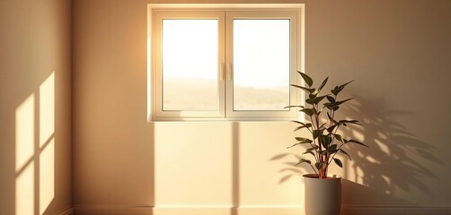 Sunlit room, potted plant casts shadows on wall, minimalist window frame,  natural light,  calm