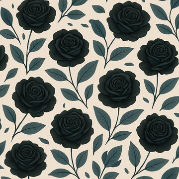 Elegant seamless rose floral pattern vector with dark black flowers, gray leaves, vintage style, hand-drawn minimal look, beige background, botanical surface wallpaper illustration