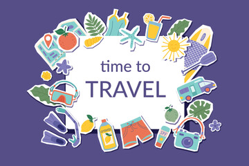 Travel concept banner with copy space and conceptual objects. Summer, vacation, travel concepts. Vector flat illustration.