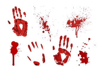 Red bloodstain set for halloween horror designs - dripping splashes, finger and handprints, scattered drops. Spooky crime scene element with realistic texture for thriller poster, scary decoration
