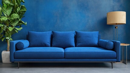 Obraz premium A deep blue sofa in a modern living room.
