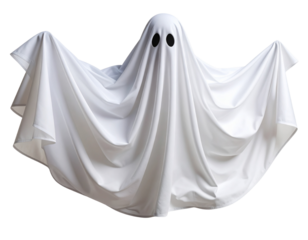 Spooky Floating Ghost with Wrinkled Sheet and Hidden Face – Side Angle PNG Cutout with Shadow