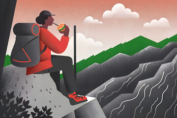 山に登り飲み物を飲む人

