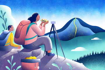 山に登り食事をとる人々
