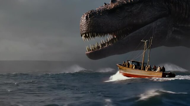 Gigantic tyrannosaurus rex chasing fishing boat on rough sea