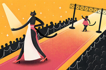 ファンッションショーでキャットウォークを歩く猫の獣人
