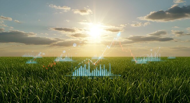 Data visualizations overlay a vibrant green field under a bright, sunlit sky, representing growth.