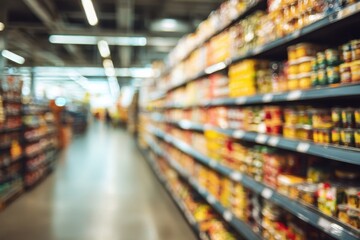 Blurred supermarket aisle, filled with canned goods