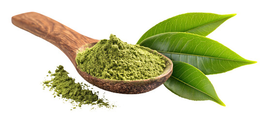 Moringa powder in a wooden spoon with leaves on transparent background