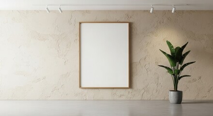 Vertical floating frame mockup on textured plaster wall