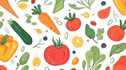 A colorful seamless pattern of various vegetables, fruits, and herbs illustrated on a white background.