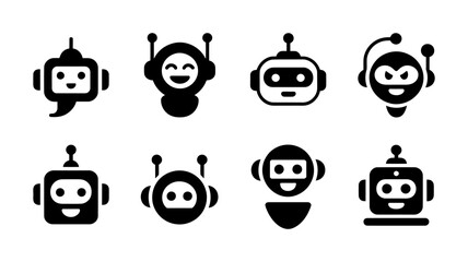 Vector art of collection of friendly robot icons isolated on white background, symbolizing ai and digital communication