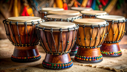 African Djembe Drums Set, Colorful Beads, Wooden Percussion Instruments