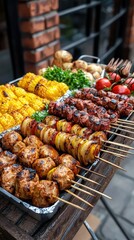 Naklejka premium A vibrant watercolor food scene depicts delicious skewers of meat and vegetables showcased in a colorful street food market, reminiscent of art with a 4-giixel look.
