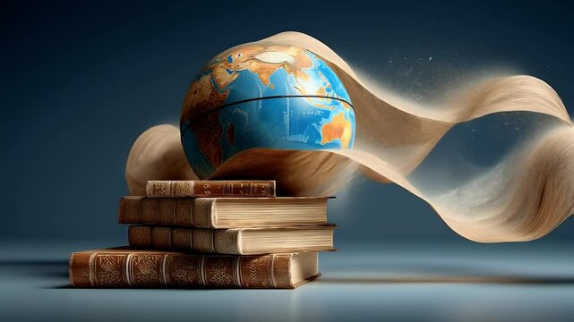 Books of law and human rights floating above a globe, wrapped in a ribbon of unity