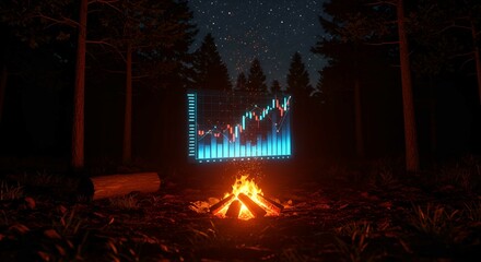 A glowing financial graph projected above a campfire in a dark forest at night.