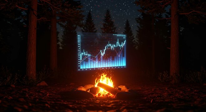 A campfire illuminates a financial chart floating in a dark forest under a starry night sky.