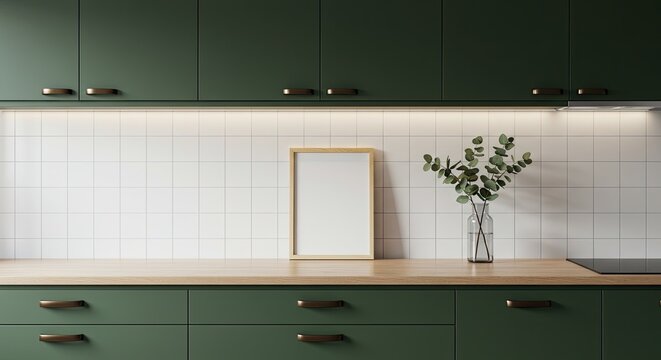 Square frame mockup in modern green minimalist kitchen