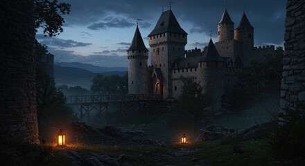 Fototapeta premium Majestic castle sits under a starlit sky with a glowing lantern lighting the path to the bridge at dusk, in an enchanted fantasy landscape.