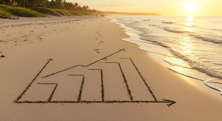 A graph drawn in sand on a beach at sunrise, depicting financial growth and progress.