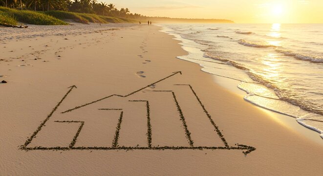 A graph drawn in sand on a beach at sunrise, depicting financial growth and progress.
