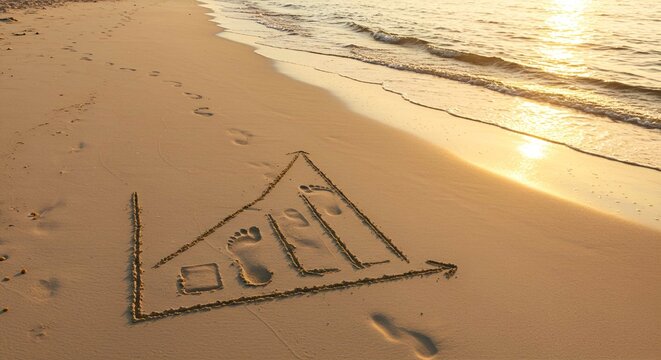 A sand drawing depicting a business graph with footprints on a sunlit beach.