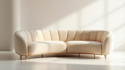 A cream colored sectional sofa with vertical channel tufting in a bright minimalist setting displayed