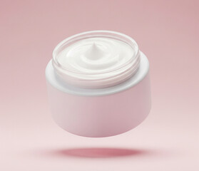 Floating Skincare Cream Jar With Soft Swirl Of Cream On Pastel Background Luxury Product Visual