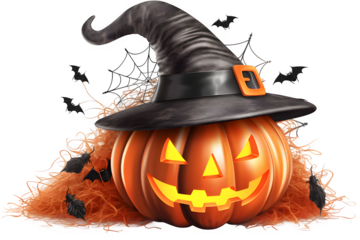 Halloween pumpkin with a witch hat and bats for spooky season fun isolated on transparent background